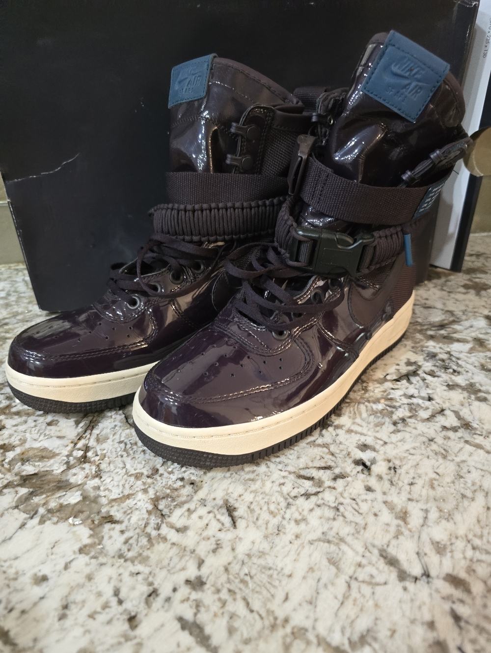 Nike High-Top Patent Sneakers in Deep Plum with Cream Sole and Teal Accents